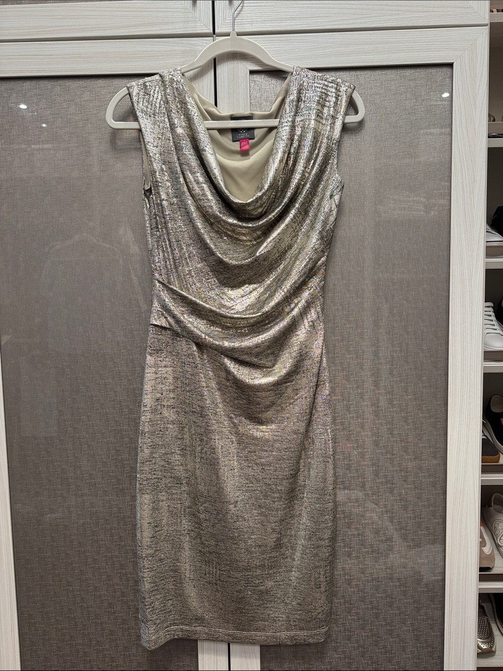 Vince Camuto Metallic Silver Cowl Neck Sheath Dress